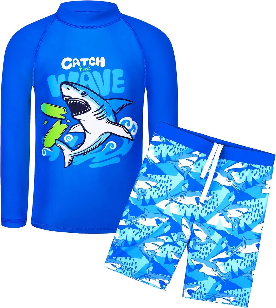 TFJH E Boys Bathing Suit Set Long Sleeve Rash Guard Swimwear UPF 50+ Swimming Suit, Royblue Shark 6A