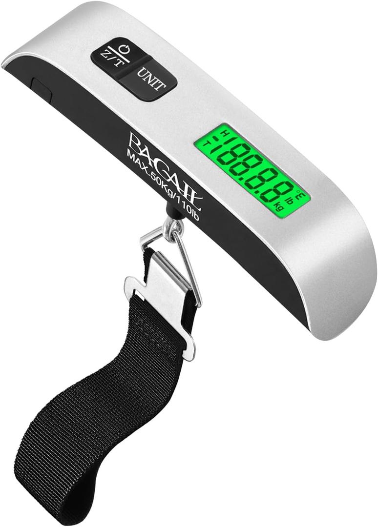 BAGAIL Digital Luggage Scale, 110lbs Hanging Baggage Scale with Backlit LCD Display, Portable Suitcase Weighing Scale, Travel Luggage Weight Scale with Hook, Strong Straps for Travelers (Ash Silver)