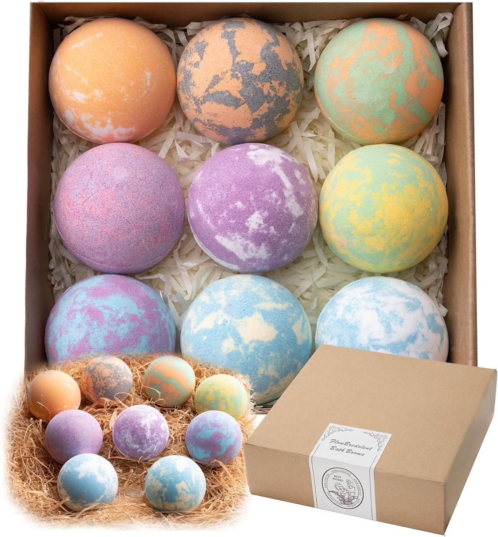FlowBedolent Bath Bombs for Women, 9pcs Handmade Bubble Bath Bombs with Natural Essential Oils, Perfect Valentines Day Gift for Wife and Girlfriend, as Well as Wonderfull Mother's Day Gift for Mom