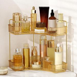 Corner Bathroom Counter Organizer Bathroom Countertop Shelf Makeup Organizer for Vanity Perfume Tray for Corner Storage (2 Tiers, Gold) (Yellow)