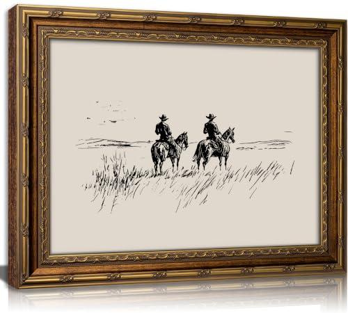 Vintage Gold Framed Canvas Wall Art Western Cowboy Sketch Painting Picture Wall Decor Rustic Minimalist Poster Print Artwork for Bedroom Living Room Study Home Decoration