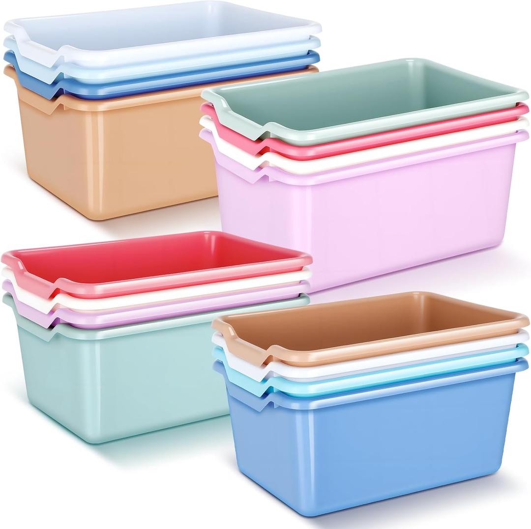 Dandat 16 Pcs Plastic Book Bins for Classroom Library Cubby Bins Scoop Front Stackable Toy Storage Tubs Containers for School Office Home Nursery Playroom Organization(Pastel Color)