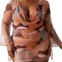 WODECASA Women's Plus Size 3 Piece Swimsuits Halter Triangle Bikini Set with Drawstring Semi Sheer Cover Up Bathing Suit, Orange Flower XL