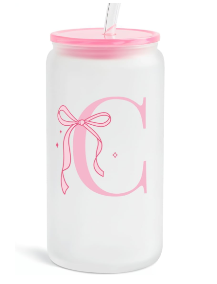 SANDJEST Monogrammed Glass Drinking Can Cup with Acrylic Lid and Straw, Personalized Frosted Iced Coffee Tumbler 16oz, Monogram Initial Gifts for Women Girls on Birthday (C)