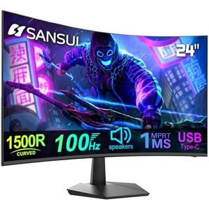 SANSUI Curved Monitor 24 inch 100Hz USB Type-C Computer Monitor with Built-in Speakers- MPRT 1ms,Adaptive Sync,HDR,1500R,VESA 75x75mm Compatible, for Home and Office(HDMI Cable Include ES-24C1)