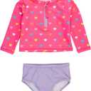 RuffleButts Baby/Toddler Girls Long Sleeve Rash Guard 2 Piece Swimsuit Set w/UPF 50+ Sun Protection with Zipper (8 Years, Colorful Hearts)