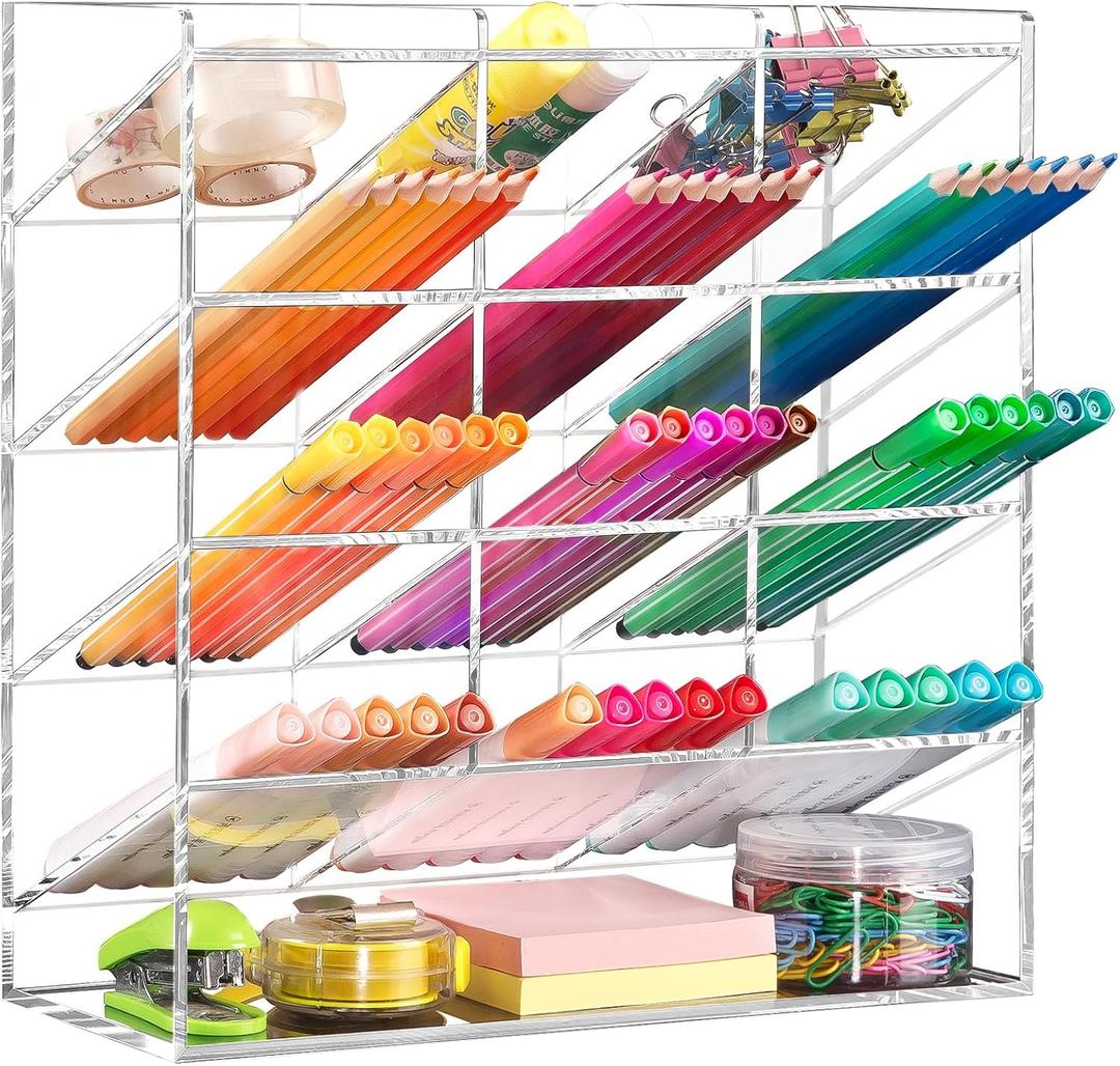 BEYGORM Acrylic Vertical Marker Organizer for 150 Markers with 13 Compartments, Clear Angled Pen & Pencil Holder, Large Desk Stationery & Art Supply Storage for Office & School (10.2 x 9.8 x 4 Inch)