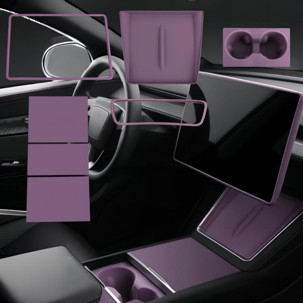 7PCS Silicone Accessories Kit for Tesla Center Console Mats Cup Holder Insert Screen Edge Protector Frame Mirror Frame Protectors (Purple Model Y Juniper/3 Highland Universal)