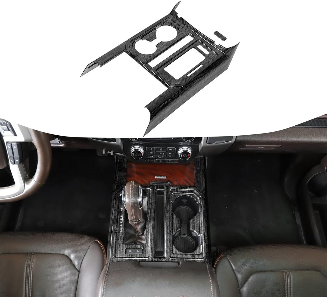 Voodonala Black Wood Style Gear Console Panel Cover Shift Cup Holder Panel Cover Trim for Ford F150 2015-2020 (Black Wood,1pc,ABS)