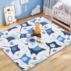 omzer Baby Play Mat, Large & Thick & Soft Cushioned Playmat for Playpen, Non-Slip Floor Mat for Crawling Infants & Toddlers with Safety Silicone Backing, Machine Washable - 71x79 Inch, Blue