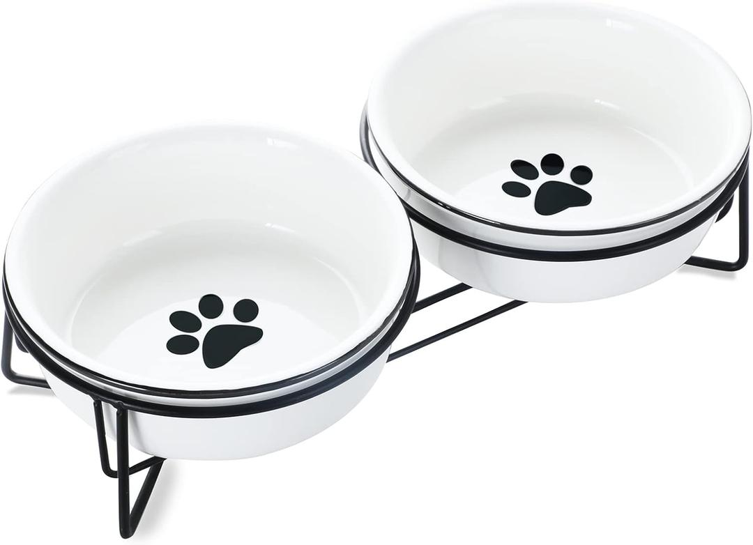 GDCZ Ceramics Raised Cat Bowls with Heighten Metal Stand,15 Ounces White