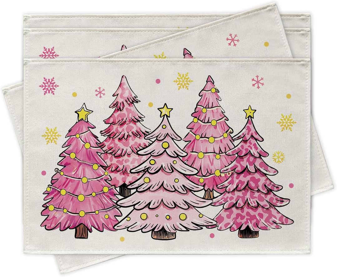 Croar Merry Christmas Tree Pink Dining Table Runner, Xmas Pine Trees Gold Snowflake Burlap Kitchen Decoration, Winter Holiday Indoor Outdoor Home Decor Party Supply 13 x 72 Inches, Pack Of 2