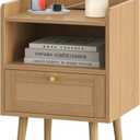 Night Stand with Charging Station, Rattan End Tables, Bed Side Tables, Wood Nightstands for Small Space Farmhouse Kids' Room Bedroom Living Room Dorm Natural (11.8"D x 15.9"W x 23.4"H (1 Drawers))