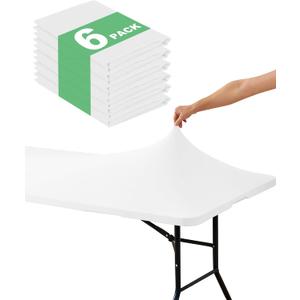 KeyWave Fitted Tablecloth Rectangle Table Cloths - 6 Pack 6 Foot Elastic Stretch Folding Table Top Cover Water-Resistant Reusable for Outdoor Picnic Camping Party Event, White, 72" L x 30" W