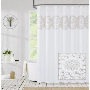 Jubilantex Tan and White Embroidered Shower Curtain for Bathroom, Farmhouse Boho Floral Fabric White and Beige/Ivory/Taupe/Cream Decorative Waterproof Rustic Bath Curtain for Spa Hotel, 70x72 Inches