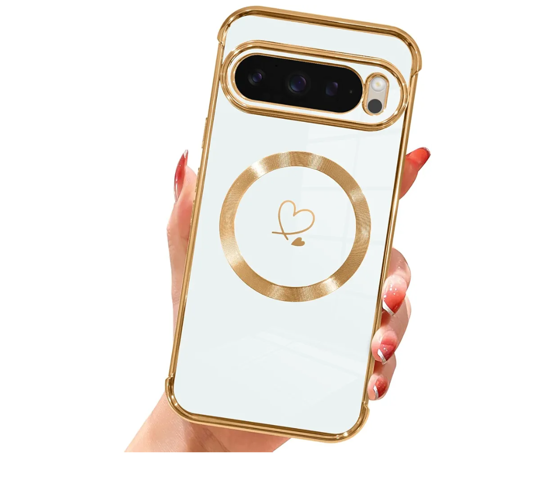 AIGOMARA Magnetic Case for Google Pixel 9 Pro XL [Wireless Charging Compatible] Heart Design Soft TPU Electroplated Phone Cover Anti-Scratch Shockproof Case for Women - White