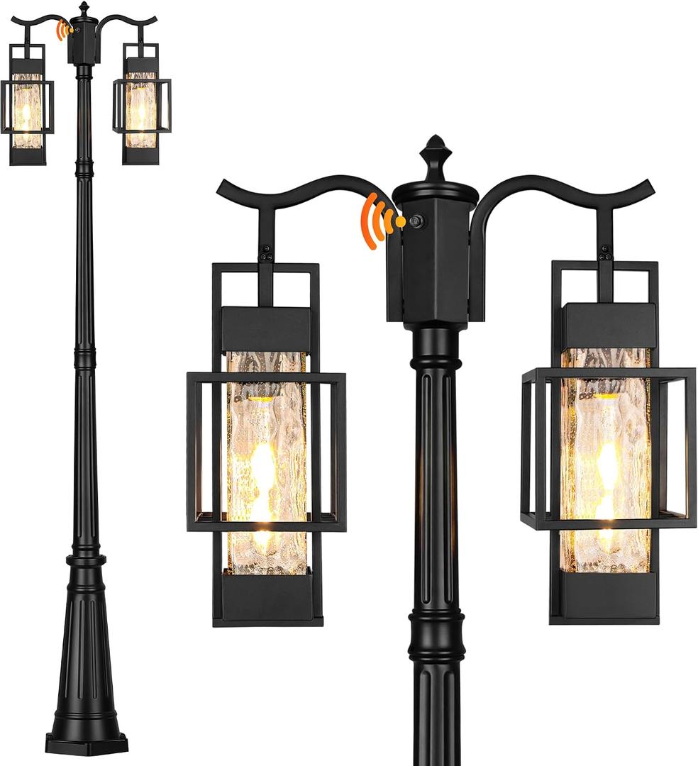 PARTPHONER Dusk to Dawn Outdoor Lamp Post Light 2-Head, Hardwired Street Light Post for Outside Metal Pole Light Outdoor Lighting with Water Glass Shade for Garden Patio Backyard Walkway Driveway