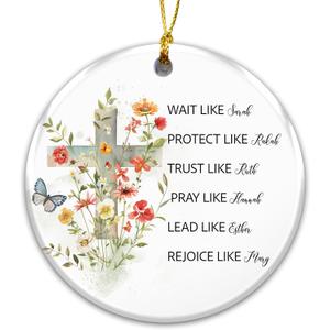 2 x Christian Floral Cross Ornament  Cross Christian Christmas Ornament, Women of The Bible Quote, Sarah Rebekah Ruth Hannah Esther Mary, Faith Scripture Christmas Tree Decoration