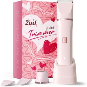 Bikini Trimmer for Women - Painless Electric Razors for Silk Skin,Cordless Body Shaver for Trip,Replaceable Lady Facial Razor, IPX7 Waterproof&Easy Cleaning, Ceramic Blade, USB Charge Dock Pink (2-in-1 Pink)