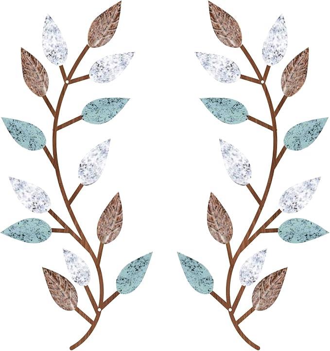 2 Pieces Metal Tree Leaf Wall Decor Vine Olive Branch Leaf Wall Art Living Room, Hallway Wall Decor Outdoor Decoration(Blue Brown Colors)