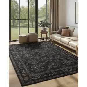 6x9 Washable Non-Slip Area Rug for Living Room, Dining Room, Bedroom Home Office-Vintage Floral Farmhouse Non-Shedding Distressed Low Pile Area Rug (Dark Brown, 6x9)