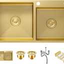 Gold Double Bowl Kitchen Sink, 31.5" 17.7" Stainless Steel Nano-Coated, Double Basin Sink, Drop-In Undermount, With Gold Sink Stopper Drain Strainer