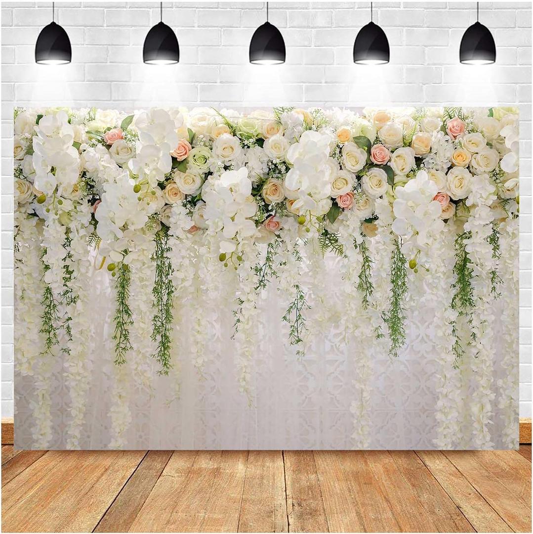 White Rose Floral Theme Photography Background 9x6ft Wedding Bridal Shower Wedding Flowers Photo Backdrops Baby Girl Birthday Party Portrait Dessert Cake Table Decor Photo Booth Studio Props Vinyl