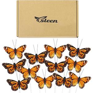Ysleen 12 Set Monarch Butterfly Decoration Artificial Butterflies Feather Picks with Wire for Crafts Fake Floral Flower Bouquet Party Supplies Spring Summer Decor(4 x 3 Inch,Orange Color)