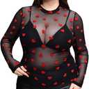 WDIRARA Women's Plus Size Floral Print Sheer Mesh Top Round Neck Long Sleeve Blouse (Black, XXXL)