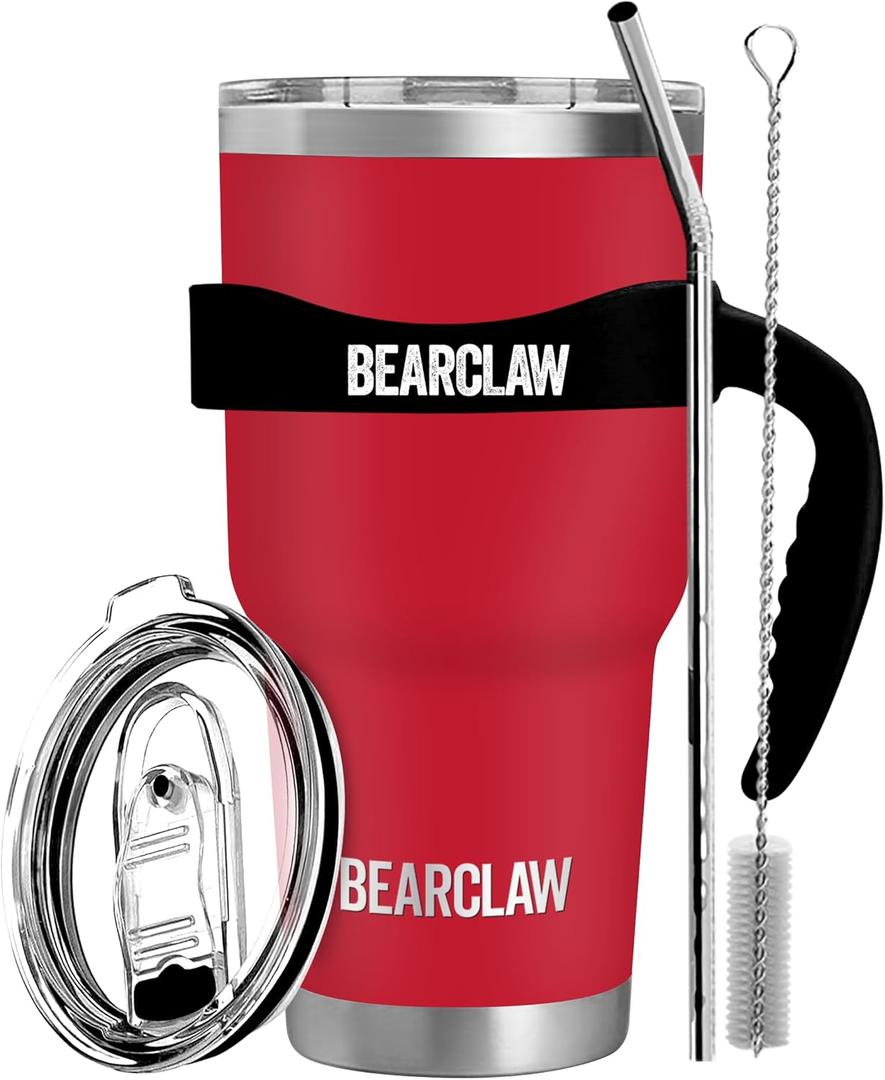 MalloMe BEARCLAW Insulated Tumbler With Handle & Straw - Stainless Steel Tumblers Coffee Travel Mug - Reusable Insulated Cup for Water with Brush, 2 Lids & Straws - Splash-Proof 30 Oz Ruby Red