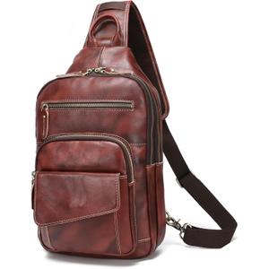 LANNSYNE Full Grain Leather Casual Sling Bag For Men Hiking/Travel/Business Crossbody Chest Bag Fits 12.9" iPad