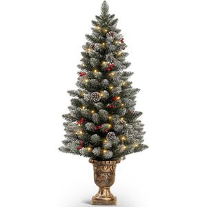 Decoway 4ft Christmas Tree Pre-Lit Artificial Mini Trees with Gold Pot Base, Flocked Snow 70 Warm White Led Lights Pine Cones Red Berries, for Entrances, Home Decorations Holiday Decor