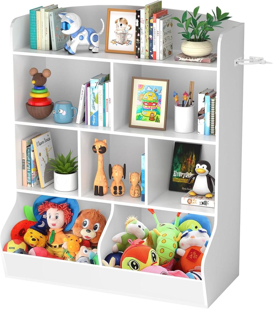 4 Tier Kids Bookshelf and Toy Storage Organizer with 8 Wooden Large Capacity Cabinet for Childrens Suitable for Nursery, Playroom, Hallway, Kindergarten Any Baby Room, White