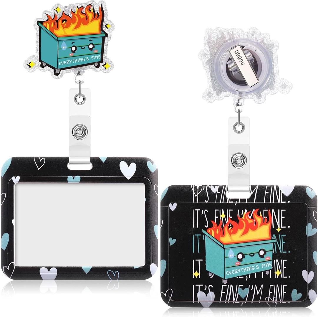 Geyoga Dumpster Fire Everything's Fine Gifts Set Includes Funny Horizontal ID Badge Holder and Retractable Badge Reel with Alligator Clip for Worker Doctor Nurse Teacher Office Accessories(Green)