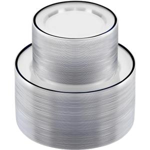 BESTSTAR 200PCS Black and Clear Plastic Plate, Black Disposable Plate Set with 100 Dinner Halloween Plates and 100 Dessert Plates for Party