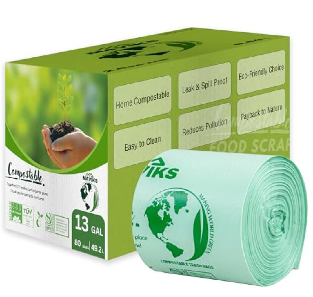 MAVIKS Super Durable Biodegradable Compostable Garbage Bags 13 Gallons / 49.2 Liter, Green Biodegradable Garbage Bags 80 Pcs, Small Kitchen Compost Bags for Countertop Bin, BPI & OK Compost Certified