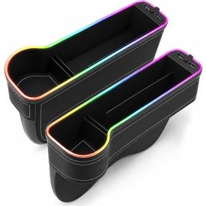 2 Pack Car Gap Filler Organizer with Charger Upgrade LED Seat Gap Organizer Box with Cup Holder Card Slot Larger Storage Space Reducing Item Loss