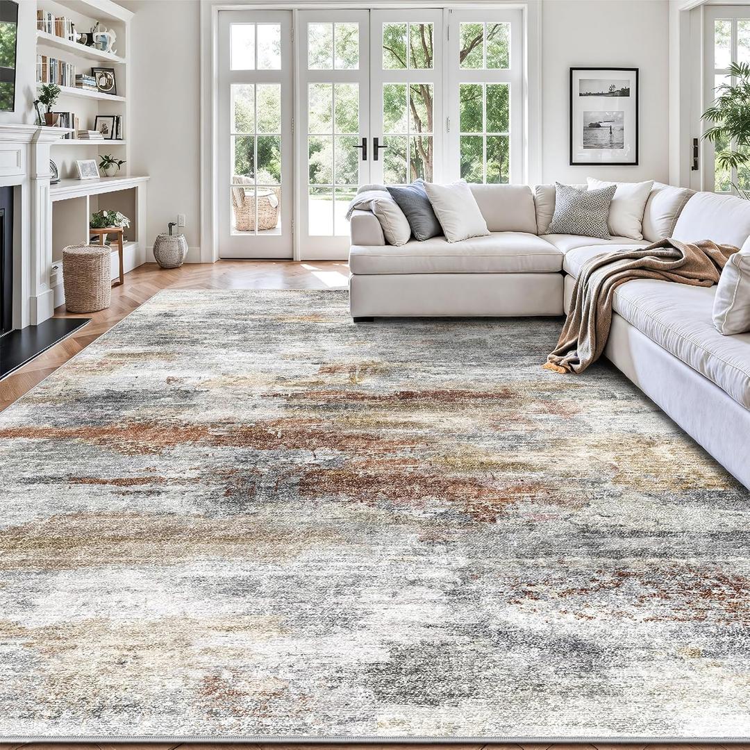 8x10 Area Rugs, Abstract Morden Soft Washable Rug, Non-Slip Low Pile Rugs for Living Room, Bedroom, Dining Room, Home, Office(Grey & Brown)