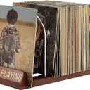 Now Playing Vinyl Record Stand, 50 LP Vinyl Record Storage with Non-slip Grooves, Wood Now Spinning Vinyl Record Holder for Albums Magazine Rack Magazine Organizer Record Display, Gift Package (Brown)