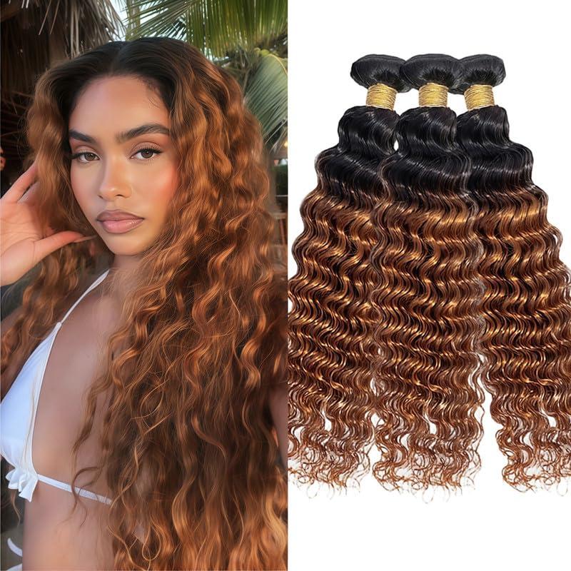 Ombre Light Brown Deep Wave Bundles Human Hair 26 28 30 Inch Brazilian Virgin Hair for Black Women 12A Wet and Wavy Human Hair Weave (Black Ombre Light Brown#T1B/30)