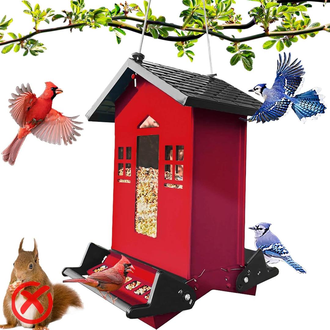 Squirrel Proof Bird Feeders for Outdoors, 6LB Metal Hanging Feeders, Large Wild Feeders for Cardinals, Chickadees, Durable Backyard Feeders (Red)