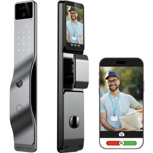 Smart Door Lock with Camera, 3D Face Recognition, Biometric Palm Vein Keyless Entry Deadbolt, Video Doorbell Intercom, Fingerprint, Passcode, Card, Touchscreen Keypad, Tuya App, Alexa, Front Door Home