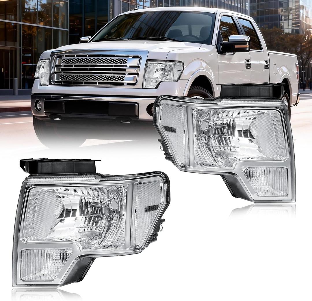 Headlight Assembly, Headlights Kit Compatible with 2009-2014 Ford F150 Replacement Headlamp Chrome Housing Clear Reflector