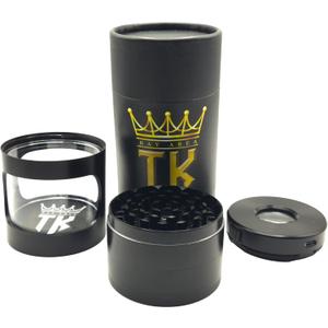 Premium Herb and Spice grinder with strong magnetic lid, LED lit 5X magnified collection container. USB-C port, product is made from aircraft-grade aluminum with matte coating finish