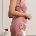 Velius Women's Satin Sleeveless Spaghetti Strap Elegant Backless Ruched Bodycon Slit Maxi Dress (Pink)