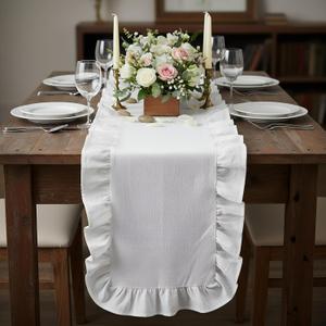 Oudain White Ruffle Table Runner Cotton Fabric 118 x 13.8'' Farmhouse Rustic Ruffled Edge Table Runner Wedding Decor for Spring Baby Shower Bridal Shower Party