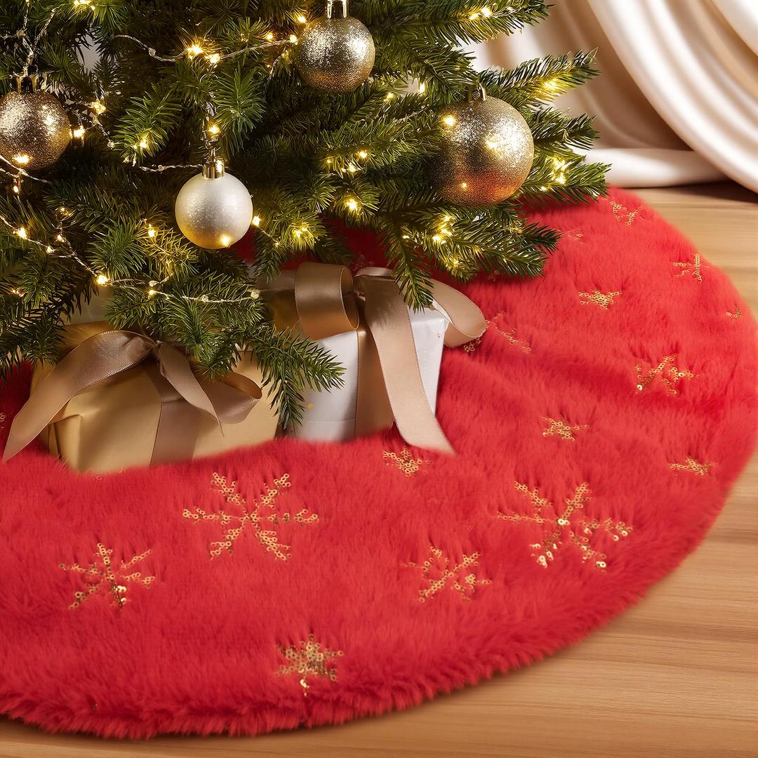 MACTING Faux Fur Christmas Tree Skirt with Gold Sequin Snowflakes 28 Inch Red Plush Skirt Fluffy Soft Double Layer Small Tree Mat Base Cover for Merry Christmas Party Holiday Xmas Tree Decorations