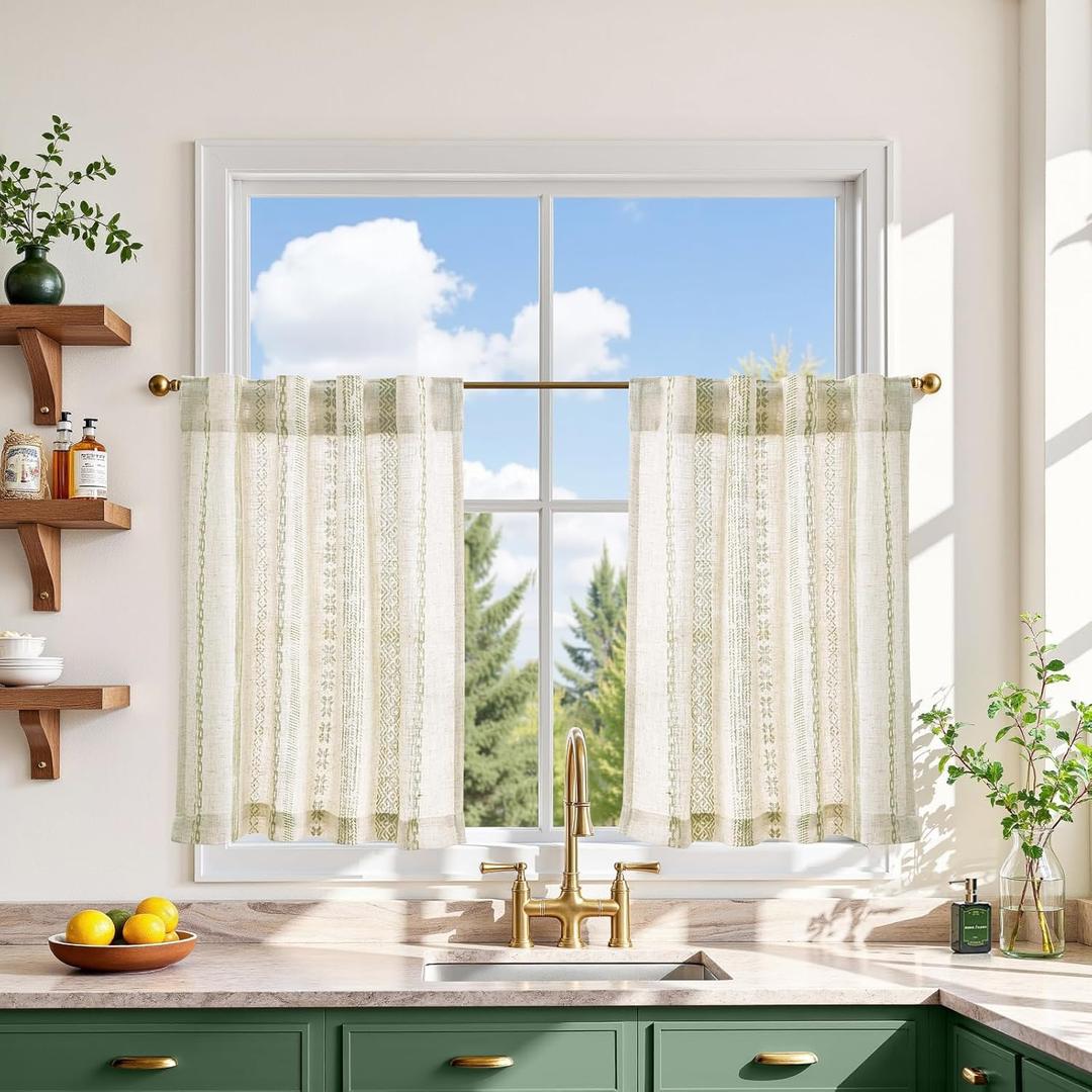 jinchan Boho Kitchen Curtains 24 Inch Linen Tier Curtains with Geometric Pattern Bohemian Cafe Small Light Filtering Window Treatment for Living Room RV Back Tab 2 Panels Green on Linen