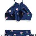 Kanu Surf Girls Morgan Ruffle Halter Bikini 2-Piece Swimsuit (8, Morgan Navy Floral)