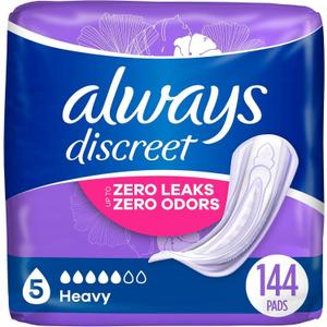 Always Discreet Adult Incontinence Pads for Women, Drier vs Poise, 5 Drop Regular Length, Heavy Absorbency, Pads for Bladder Control Management, Bladder Leaks, & Postpartum Pads, 144ct